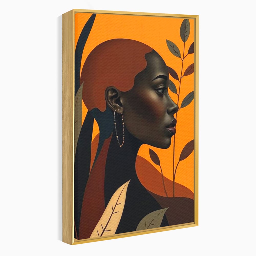 Tablou canvas cu ilustratie digitala cu profil de femeie, in rama de aluminiu auriu